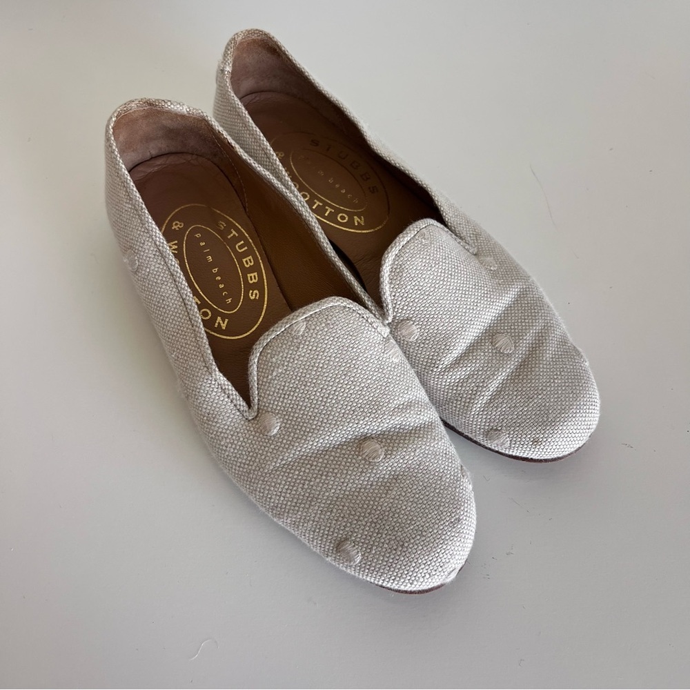 Stubbs and Wootton Women's Canvas‎ Embroidered Cream Loafers